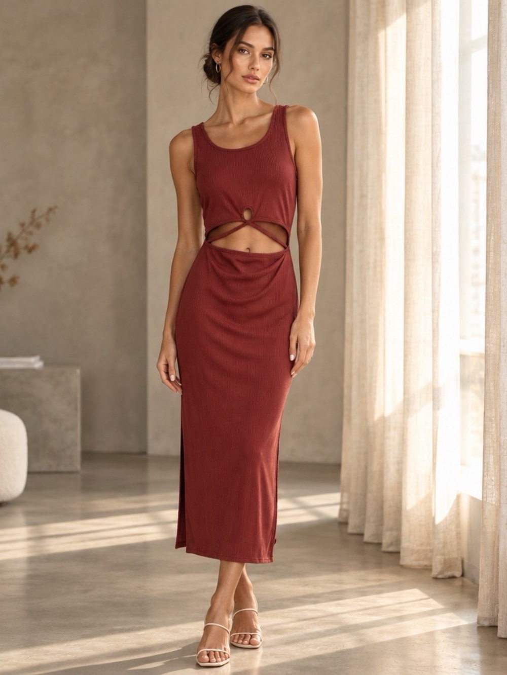 Native Daughters Ribbed Cutout Midi Dress Rust Brown Sleeveless S